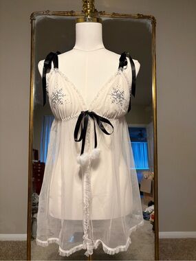 Victoria's Secret White Sheer Babydoll with Black Satin Ties